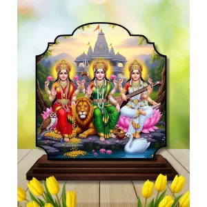 Car Dashboard/Table Top Goddess Lakshmi Parvathi Saraswathi Wooden Rectangle Photo Stand  3x4 Inches, Compact & Stylish Spiritual Display For Car, Home & Office (Pack Of 1) (F22200)