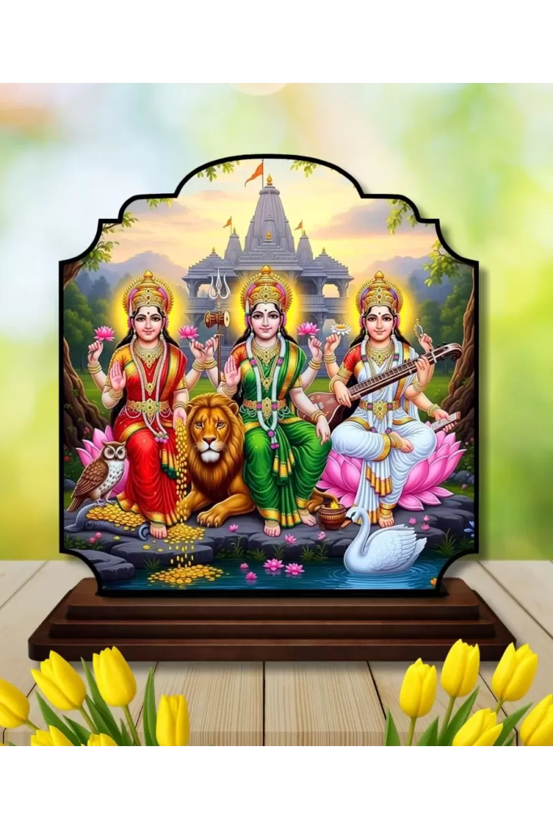 Car Dashboard/Table Top Goddess Lakshmi Parvathi Saraswathi Wooden Rectangle Photo Stand  3x4 Inches, Compact & Stylish Spiritual Display For Car, Home & Office (Pack Of 1) (F22200)
