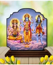 Car Dashboard/Table Top Lord Bramha Vishnu Shiva Wooden Rectangle Photo Stand  3x4 Inches, Compact & Stylish Spiritual Display For Car, Home & Office (Pack Of 1) (F22209)