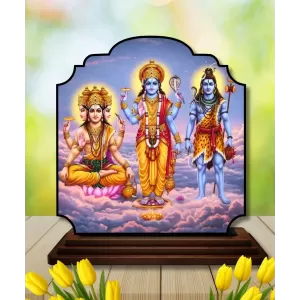 Car Dashboard/Table Top Lord Bramha Vishnu Shiva Wooden Rectangle Photo Stand  3x4 Inches, Compact & Stylish Spiritual Display For Car, Home & Office (Pack Of 1) (F22209)