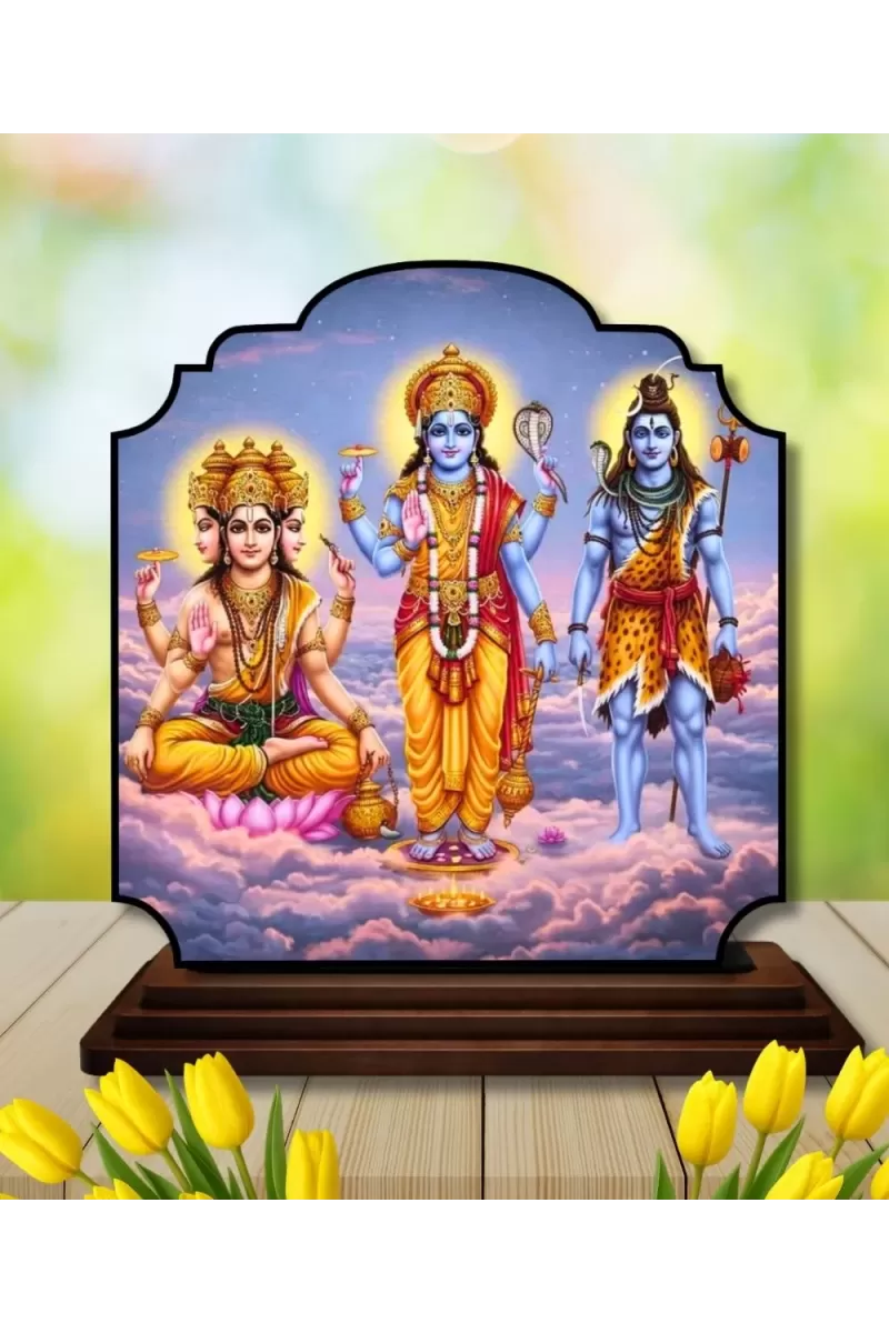 Car Dashboard/Table Top Lord Bramha Vishnu Shiva Wooden Rectangle Photo Stand  3x4 Inches, Compact & Stylish Spiritual Display For Car, Home & Office (Pack Of 1) (F22209)