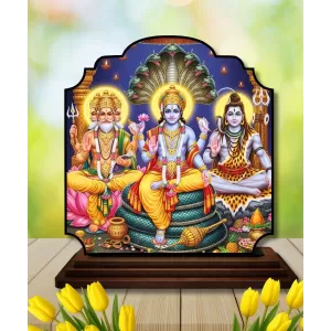 Car Dashboard/Table Top Lord Bramha Vishnu Shiva Wooden Rectangle Photo Stand  3x4 Inches, Compact & Stylish Spiritual Display For Car, Home & Office (Pack Of 1) (F22210)