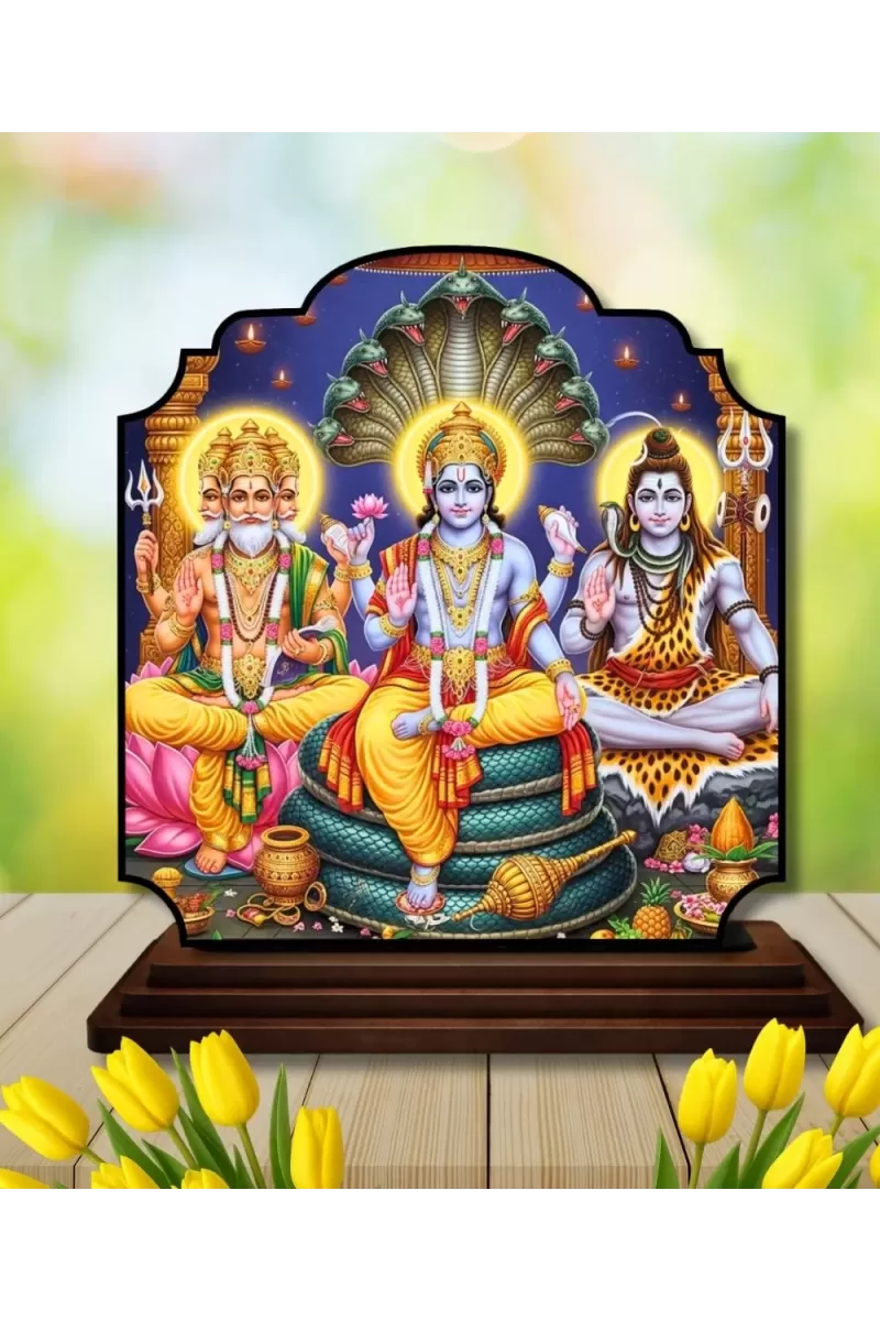 Car Dashboard/Table Top Lord Bramha Vishnu Shiva Wooden Rectangle Photo Stand  3x4 Inches, Compact & Stylish Spiritual Display For Car, Home & Office (Pack Of 1) (F22210)