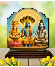 Car Dashboard/Table Top Lord Bramha Vishnu Shiva Wooden Rectangle Photo Stand  3x4 Inches, Compact & Stylish Spiritual Display For Car, Home & Office (Pack Of 1) (F22214)