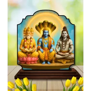 Car Dashboard/Table Top Lord Bramha Vishnu Shiva Wooden Rectangle Photo Stand  3x4 Inches, Compact & Stylish Spiritual Display For Car, Home & Office (Pack Of 1) (F22214)