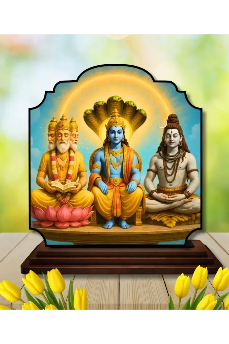 Car Dashboard/Table Top Lord Bramha Vishnu Shiva Wooden Rectangle Photo Stand  3x4 Inches, Compact & Stylish Spiritual Display For Car, Home & Office (Pack Of 1) (F22214)