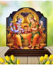 Car Dashboard/Table Top Lord Vishnu And Lakshmi Wooden Rectangle Photo Stand  3x4 Inches, Compact & Stylish Spiritual Display For Car, Home & Office (Pack Of 1) (F22216)