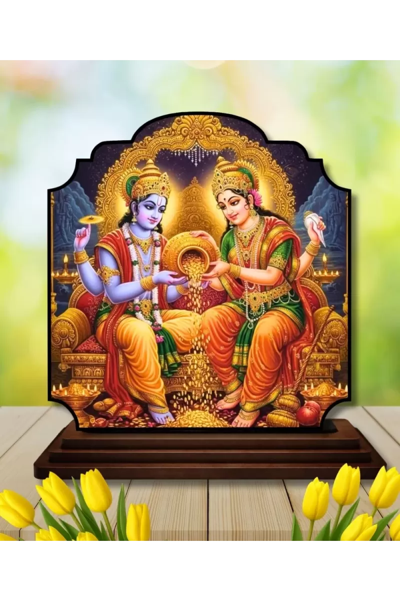Car Dashboard/Table Top Lord Vishnu And Lakshmi Wooden Rectangle Photo Stand  3x4 Inches, Compact & Stylish Spiritual Display For Car, Home & Office (Pack Of 1) (F22216)