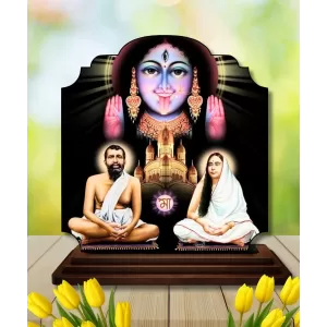 Car Dashboard/Table Top Kali Maa With Ramakrishna Paramahamsa And Sarada Devi Wooden Rectangle Photo Stand &acirc;&euro;&ldquo; 3x4 Inches, Compact & Stylish Spiritual Display For Car, Home & Office (Pack Of 1) (F22217)