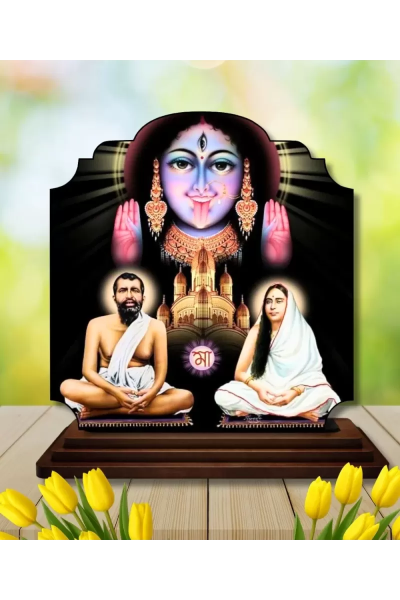 Car Dashboard/Table Top Kali Maa With Ramakrishna Paramahamsa And Sarada Devi Wooden Rectangle Photo Stand &acirc;&euro;&ldquo; 3x4 Inches, Compact & Stylish Spiritual Display For Car, Home & Office (Pack Of 1) (F22217)