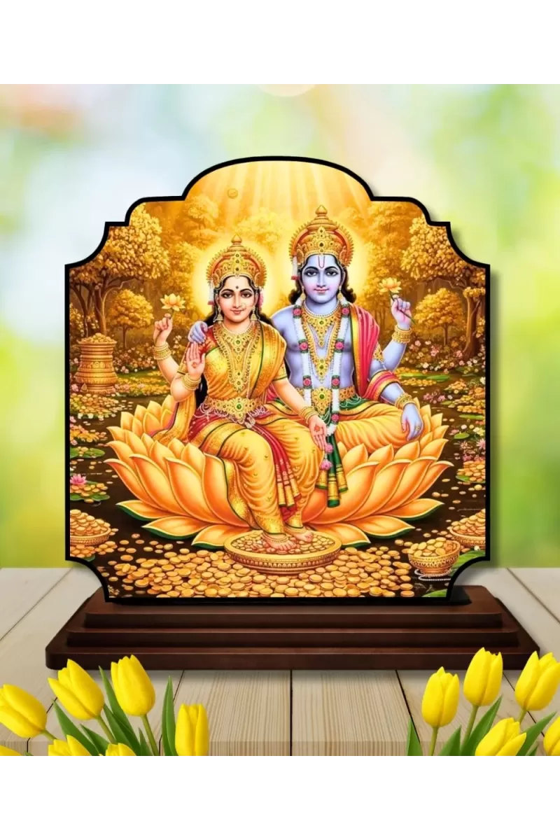 Car Dashboard/Table Top Lord Vishnu And Lakshmi Wooden Rectangle Photo Stand  3x4 Inches, Compact & Stylish Spiritual Display For Car, Home & Office (Pack Of 1) (F22218)