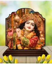 Car Dashboard/Table Top Lord Krishna Wooden Rectangle Photo Stand  3x4 Inches, Compact & Stylish Spiritual Display For Car, Home & Office (Pack Of 1) (F22201)