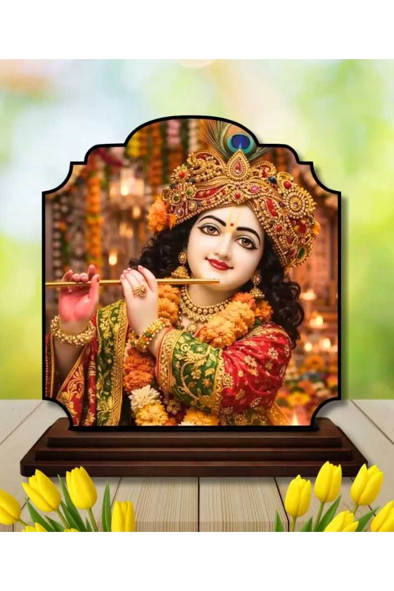 Car Dashboard/Table Top Lord Krishna Wooden Rectangle Photo Stand  3x4 Inches, Compact & Stylish Spiritual Display For Car, Home & Office (Pack Of 1) (F22201)