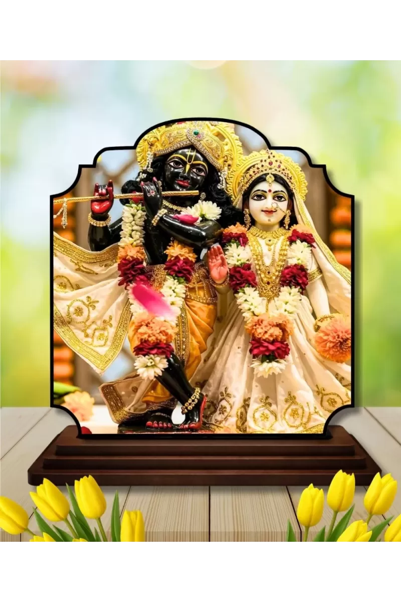 Car Dashboard/Table Top Radha Krishna Wooden Rectangle Photo Stand  3x4 Inches, Compact & Stylish Spiritual Display For Car, Home & Office (Pack Of 1) (F22202)