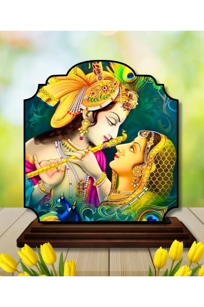 Car Dashboard/Table Top Radha Krishna Wooden Rectangle Photo Stand  3x4 Inches, Compact & Stylish Spiritual Display For Car, Home & Office (Pack Of 1) (F22204)