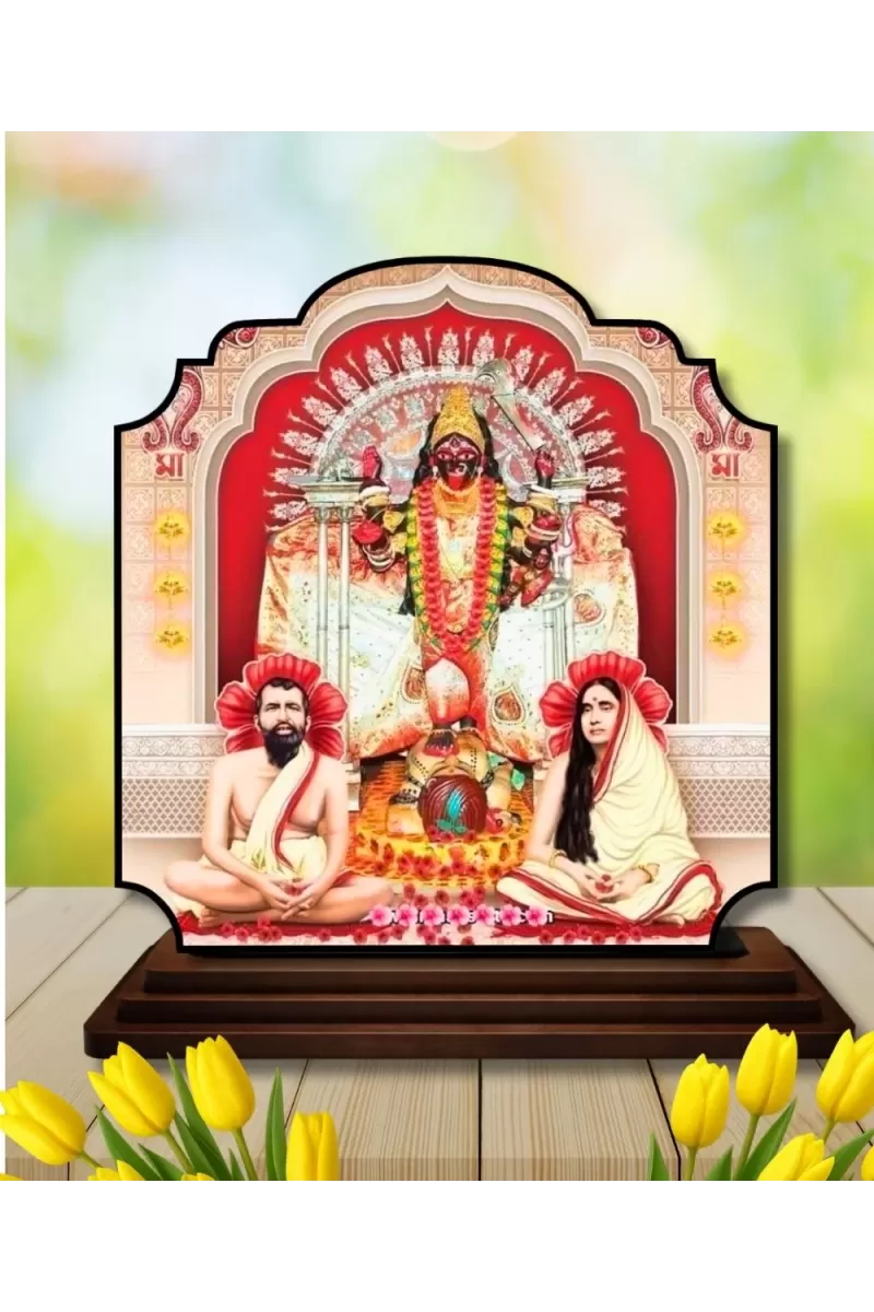 Car Dashboard/Table Top Kali Maa With Ramakrishna Paramahamsa And Sarada Devi Wooden Rectangle Photo Stand &acirc;&euro;&ldquo; 3x4 Inches, Compact & Stylish Spiritual Display For Car, Home & Office (Pack Of 1) (F22205)