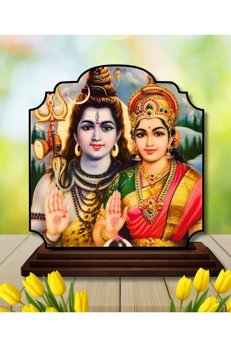 Car Dashboard/Table Top Lord Shiva And Parvathi Wooden Rectangle Photo Stand  3x4 Inches, Compact & Stylish Spiritual Display For Car, Home & Office (Pack Of 1) (F22207)