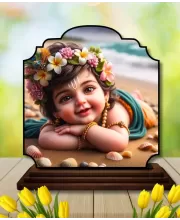Car Dashboard/Table Top Little Krishna Wooden Rectangle Photo Stand  3x4 Inches, Compact & Stylish Spiritual Display For Car, Home & Office (Pack Of 1) (F22225)