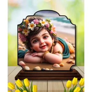 Car Dashboard/Table Top Little Krishna Wooden Rectangle Photo Stand  3x4 Inches, Compact & Stylish Spiritual Display For Car, Home & Office (Pack Of 1) (F22225)