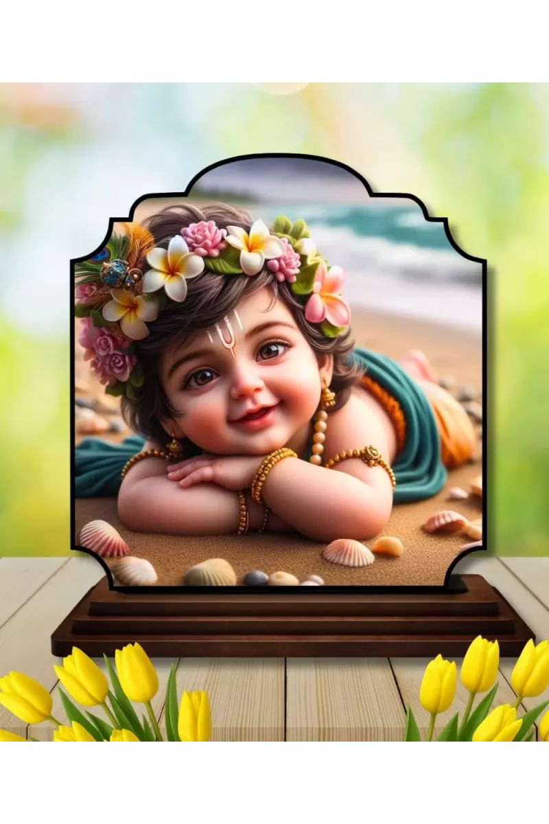 Car Dashboard/Table Top Little Krishna Wooden Rectangle Photo Stand  3x4 Inches, Compact & Stylish Spiritual Display For Car, Home & Office (Pack Of 1) (F22225)
