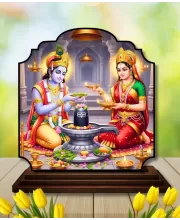 Car Dashboard/Table Top Lord Krishna And Radha Wooden Rectangle Photo Stand  3x4 Inches, Compact & Stylish Spiritual Display For Car, Home & Office (Pack Of 1) (F22240)