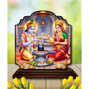 Car Dashboard/Table Top Lord Krishna And Radha Wooden Rectangle Photo Stand  3x4 Inches, Compact & Stylish Spiritual Display For Car, Home & Office (Pack Of 1) (F22240)