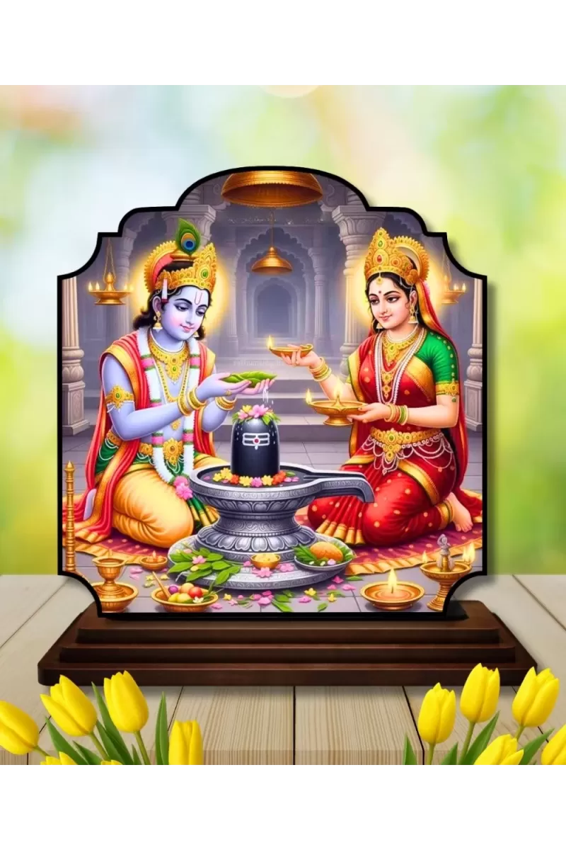Car Dashboard/Table Top Lord Krishna And Radha Wooden Rectangle Photo Stand  3x4 Inches, Compact & Stylish Spiritual Display For Car, Home & Office (Pack Of 1) (F22240)