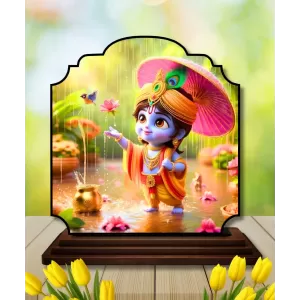 Car Dashboard/Table Top Little Krishna Wooden Rectangle Photo Stand  3x4 Inches, Compact & Stylish Spiritual Display For Car, Home & Office (Pack Of 1) (F22244)