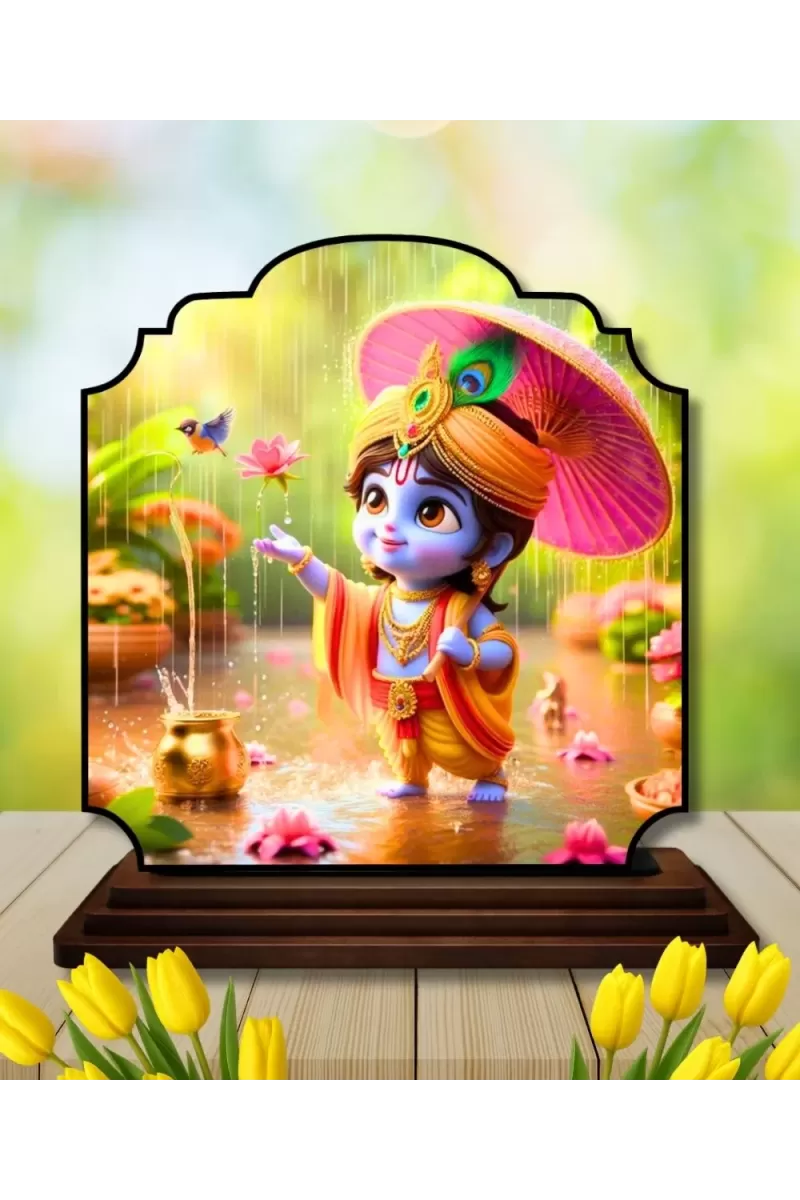 Car Dashboard/Table Top Little Krishna Wooden Rectangle Photo Stand  3x4 Inches, Compact & Stylish Spiritual Display For Car, Home & Office (Pack Of 1) (F22244)