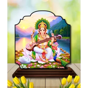 Car Dashboard/Table Top Goddess Sarasathi Wooden Rectangle Photo Stand  3x4 Inches, Compact & Stylish Spiritual Display For Car, Home & Office (Pack Of 1) (F22247)