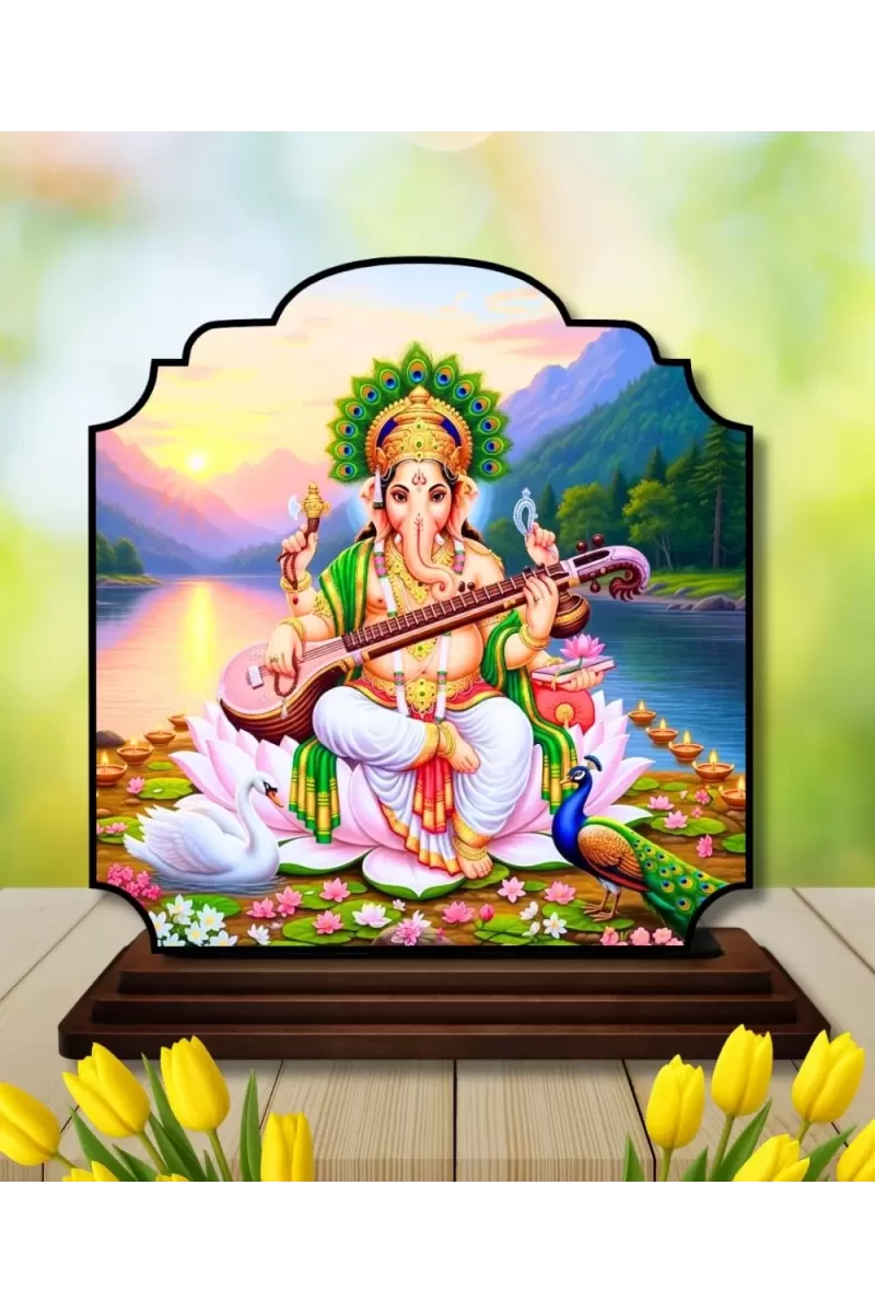 Car Dashboard/Table Top Goddess Sarasathi Wooden Rectangle Photo Stand  3x4 Inches, Compact & Stylish Spiritual Display For Car, Home & Office (Pack Of 1) (F22247)
