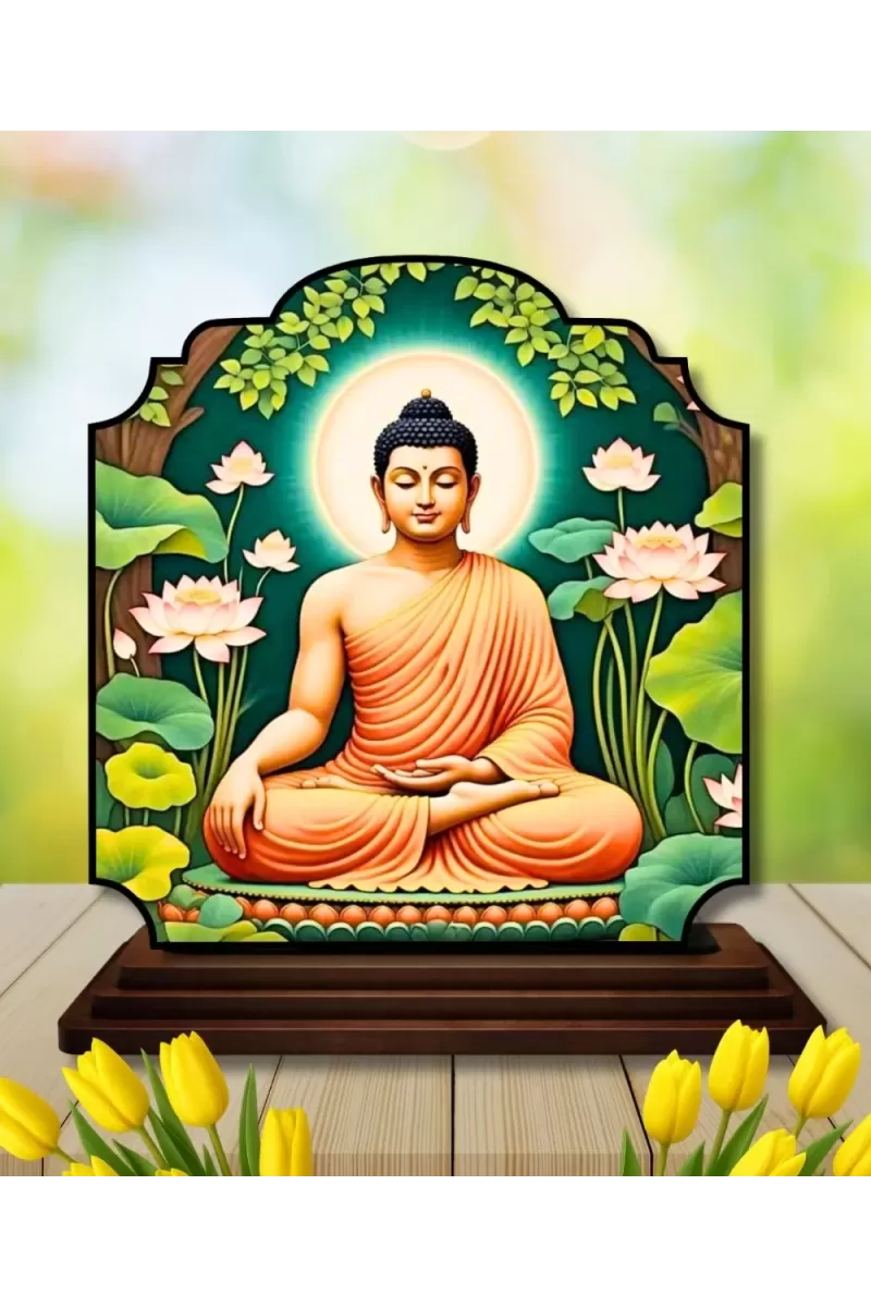Car Dashboard/Table Top Serene Buddha Wooden Rectangle Photo Stand  3x4 Inches, Compact & Stylish Spiritual Display For Car, Home & Office (Pack Of 1) (F22262)