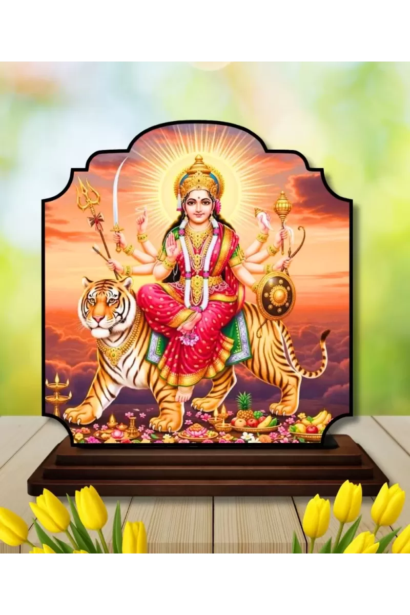 Car Dashboard/Table Top Maa Durga Maa Wooden Rectangle Photo Stand  3x4 Inches, Compact & Stylish Spiritual Display For Car, Home & Office (Pack Of 1) (F22263)