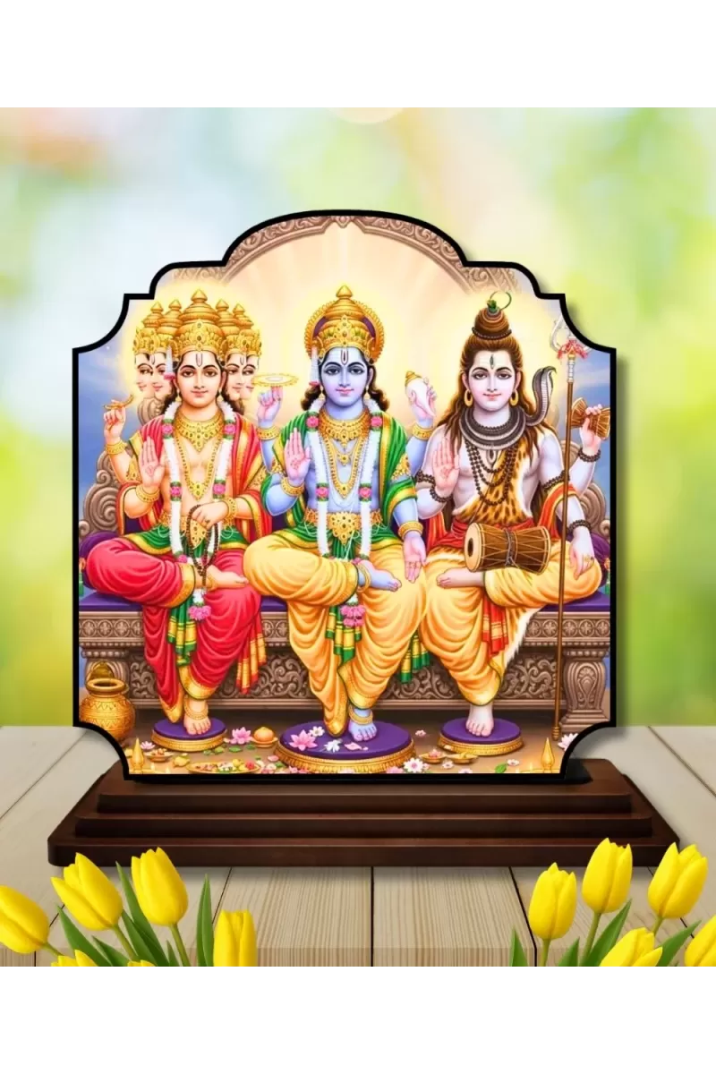 Car Dashboard/Table Top Bramha Vishnu And Shiva Wooden Rectangle Photo Stand  3x4 Inches, Compact & Stylish Spiritual Display For Car, Home & Office (Pack Of 1) (F22264)