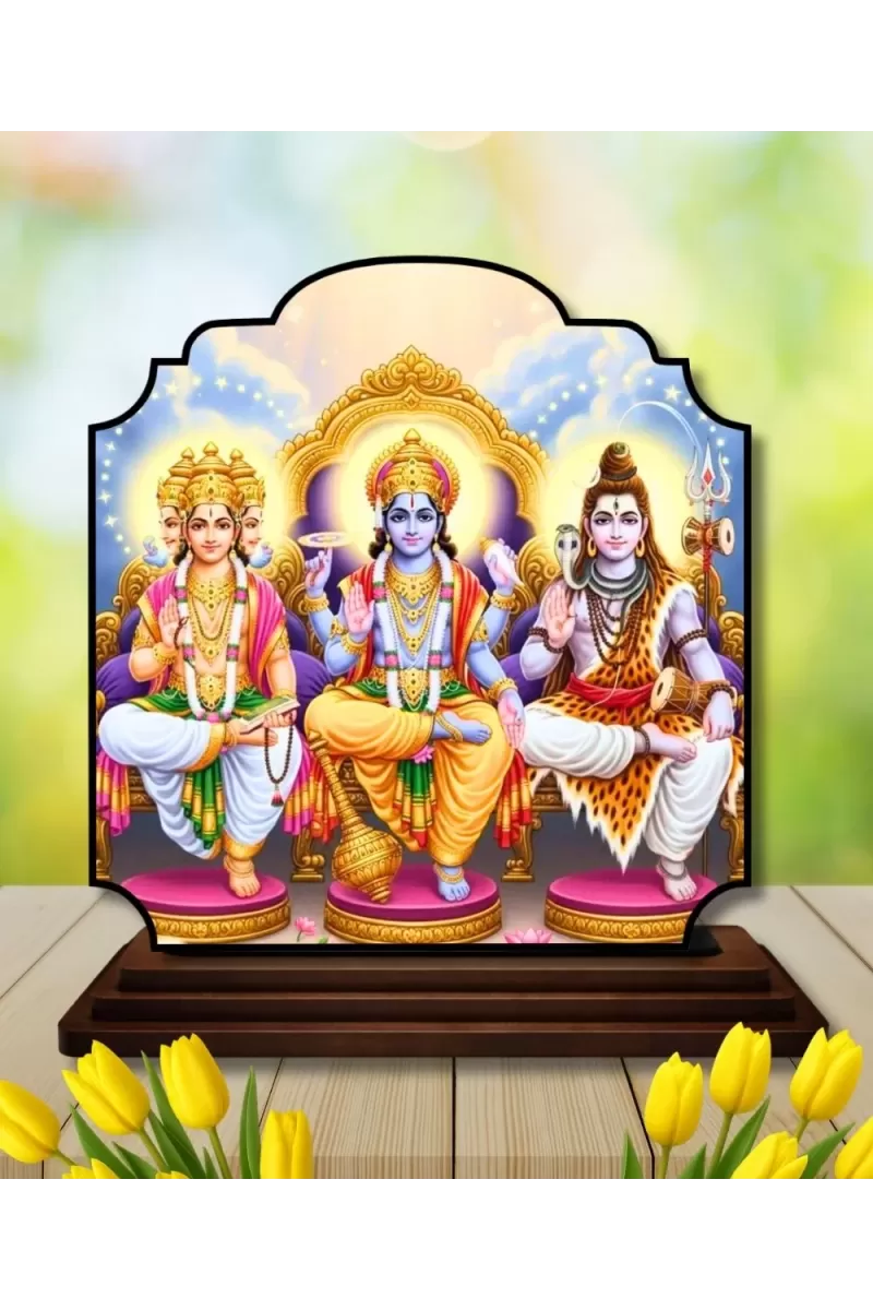 Car Dashboard/Table Top Bramha Vishnu And Shiva Wooden Rectangle Photo Stand  3x4 Inches, Compact & Stylish Spiritual Display For Car, Home & Office (Pack Of 1) (F22265)