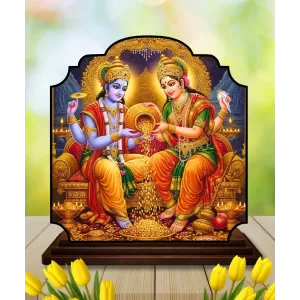 Car Dashboard/Table Top Lord Vishnu And Laskhmi Wooden Rectangle Photo Stand  3x4 Inches, Compact & Stylish Spiritual Display For Car, Home & Office (Pack Of 1) (F22267)