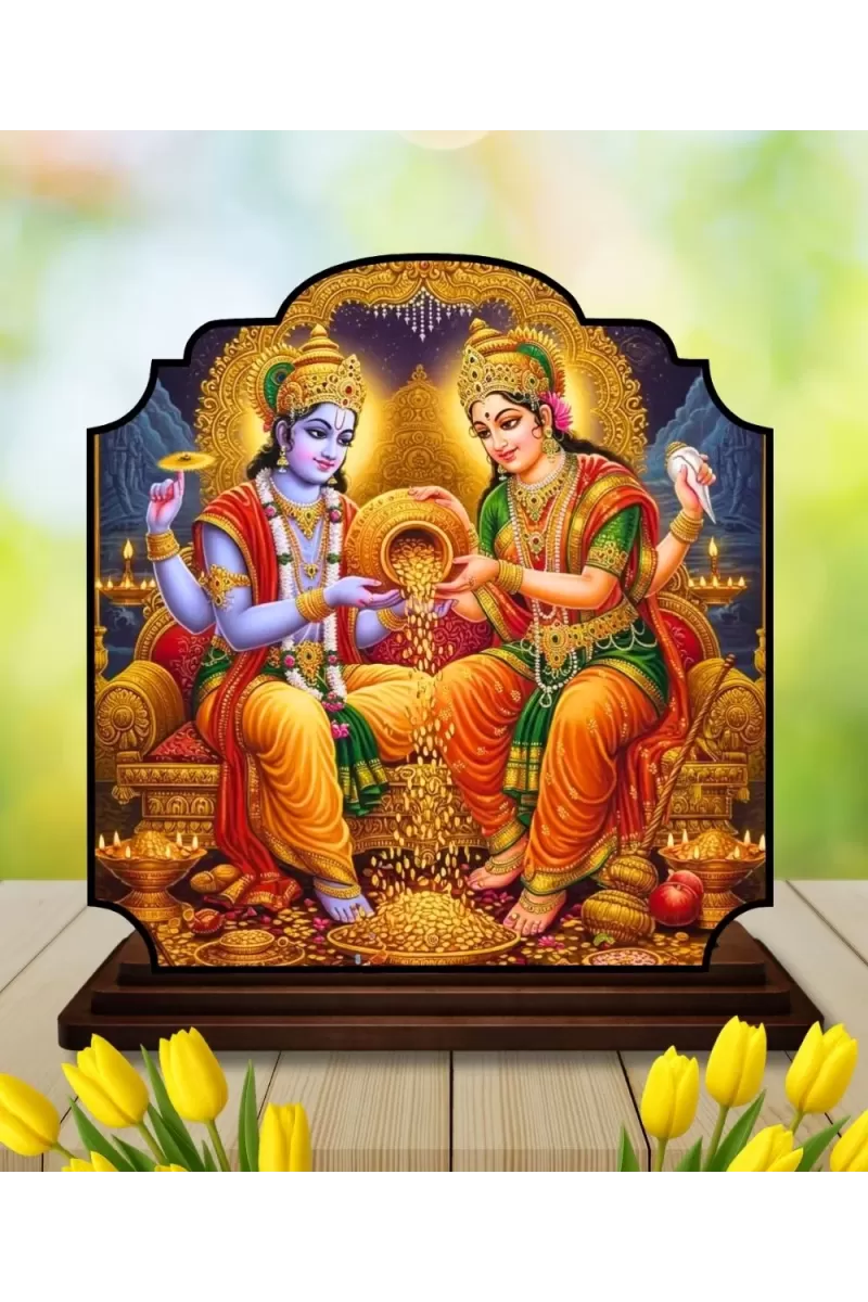 Car Dashboard/Table Top Lord Vishnu And Laskhmi Wooden Rectangle Photo Stand  3x4 Inches, Compact & Stylish Spiritual Display For Car, Home & Office (Pack Of 1) (F22267)