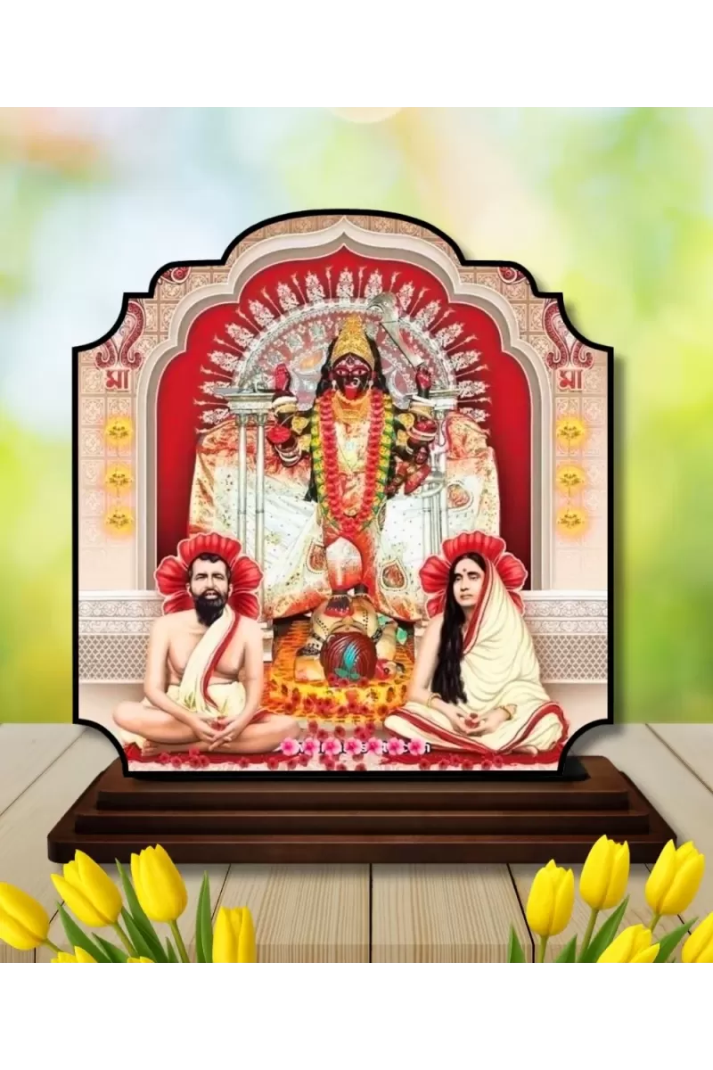 Car Dashboard/Table Top Ma Kaali With Ramakrishna Paramahamsa And Sarada Devi Wooden Rectangle Photo Stand &acirc;&euro;&ldquo; 3x4 Inches, Compact & Stylish Spiritual Display For Car, Home & Office (Pack Of 1) (F22269)