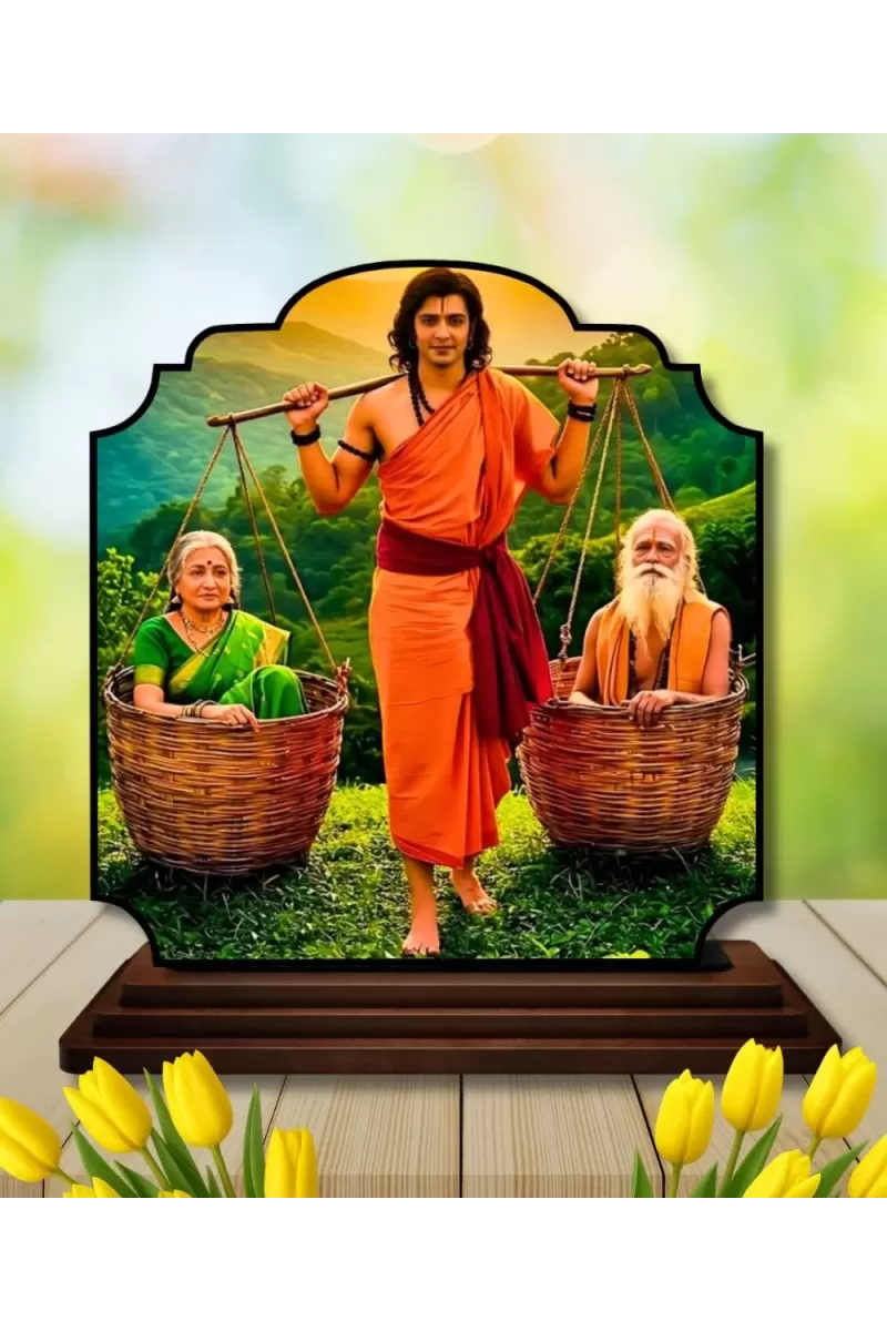 Car Dashboard/Table Top Shravana Kumara With His Parents Wooden Rectangle Photo Stand  3x4 Inches, Compact & Stylish Spiritual Display For Car, Home & Office (Pack Of 1) (F22296)