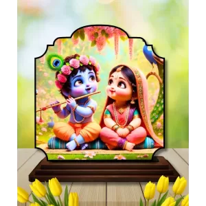 Car Dashboard/Table Top Little Radha Krishna Wooden Rectangle Photo Stand  3x4 Inches, Compact & Stylish Spiritual Display For Car, Home & Office (Pack Of 1) (F22300)