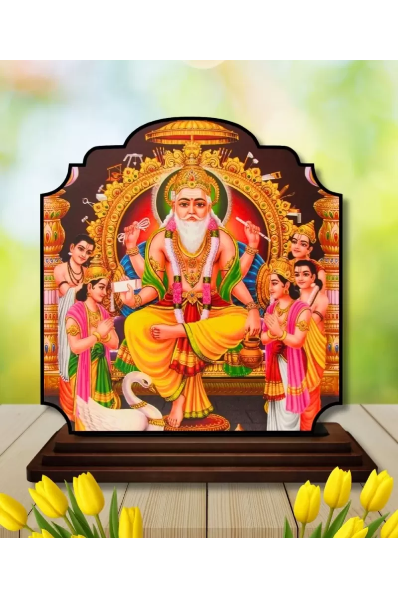 Car Dashboard/Table Top Lord Vishwa Karma Wooden Rectangle Photo Stand  3x4 Inches, Compact & Stylish Spiritual Display For Car, Home & Office (Pack Of 1) (F22302)