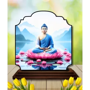 Car Dashboard/Table Top Serene Buddha Wooden Rectangle Photo Stand  3x4 Inches, Compact & Stylish Spiritual Display For Car, Home & Office (Pack Of 1) (F22305)