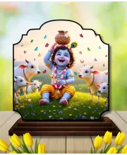 Car Dashboard/Table Top Little Krishna Wooden Rectangle Photo Stand  3x4 Inches, Compact & Stylish Spiritual Display For Car, Home & Office (Pack Of 1) (F22307)
