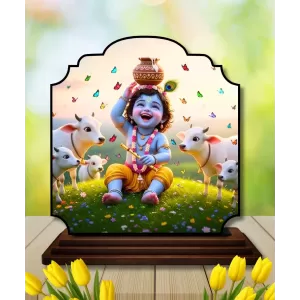 Car Dashboard/Table Top Little Krishna Wooden Rectangle Photo Stand  3x4 Inches, Compact & Stylish Spiritual Display For Car, Home & Office (Pack Of 1) (F22307)