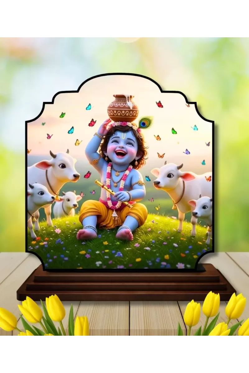 Car Dashboard/Table Top Little Krishna Wooden Rectangle Photo Stand  3x4 Inches, Compact & Stylish Spiritual Display For Car, Home & Office (Pack Of 1) (F22307)