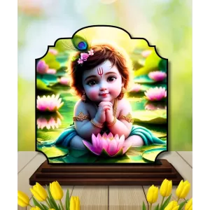 Car Dashboard/Table Top Little Krishna Wooden Rectangle Photo Stand  3x4 Inches, Compact & Stylish Spiritual Display For Car, Home & Office (Pack Of 1) (F22308)