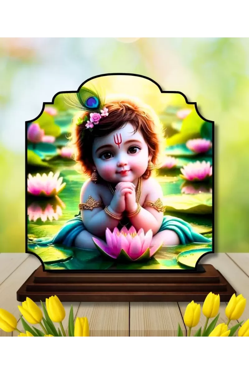 Car Dashboard/Table Top Little Krishna Wooden Rectangle Photo Stand  3x4 Inches, Compact & Stylish Spiritual Display For Car, Home & Office (Pack Of 1) (F22308)