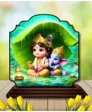 Car Dashboard/Table Top Little Krishna And Ganesha Wooden Rectangle Photo Stand  3x4 Inches, Compact & Stylish Spiritual Display For Car, Home & Office (Pack Of 1) (F22310)