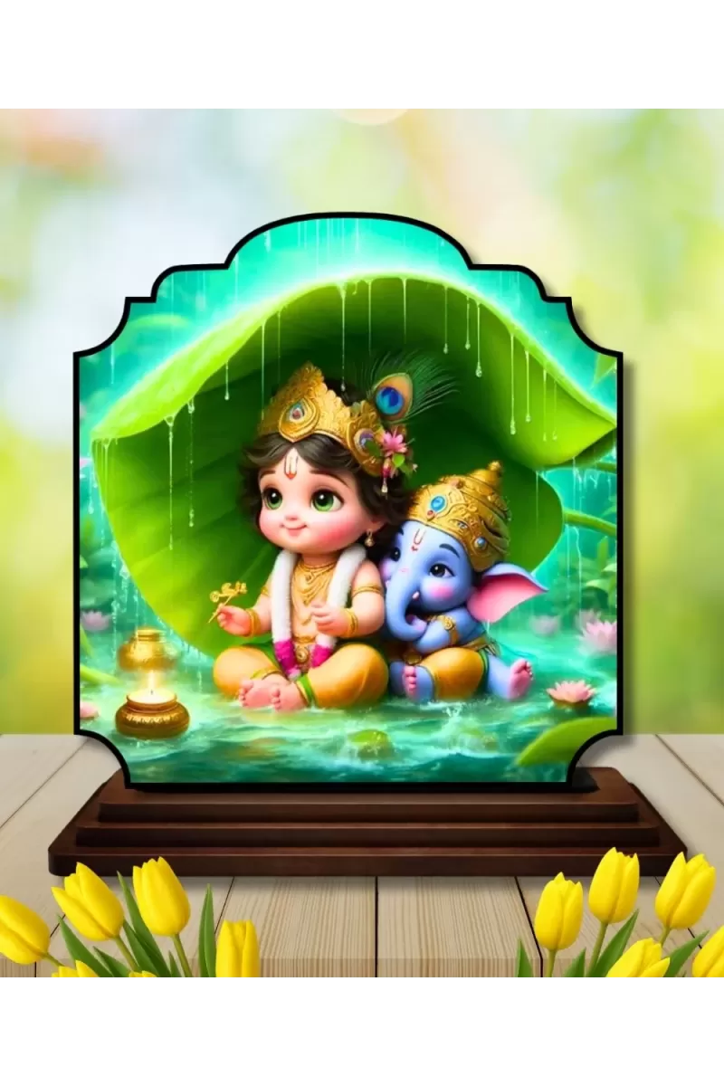 Car Dashboard/Table Top Little Krishna And Ganesha Wooden Rectangle Photo Stand  3x4 Inches, Compact & Stylish Spiritual Display For Car, Home & Office (Pack Of 1) (F22310)