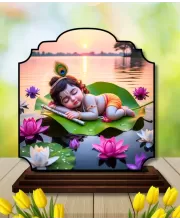 Car Dashboard/Table Top Little Krishna  Wooden Rectangle Photo Stand  3x4 Inches, Compact & Stylish Spiritual Display For Car, Home & Office (Pack Of 1) (F22311)